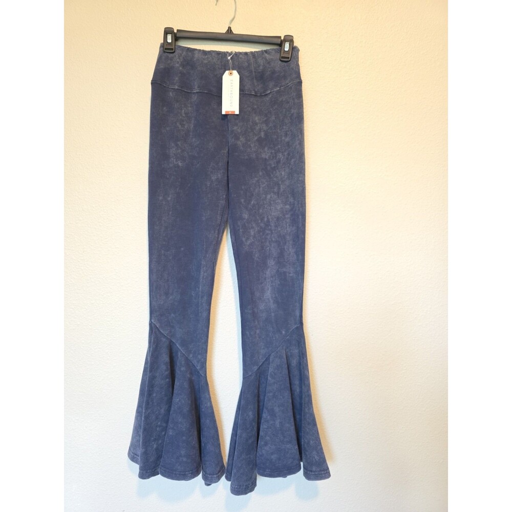 NWT Earthbound Flower Child Blue Flare Pants Medium Bell Bottom Boho - Picture 1 of 9